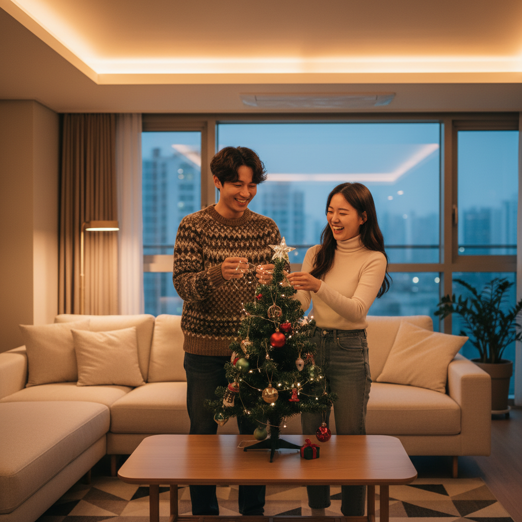 A Korean couple decorating a small Christmas tree together in a modern apartment, warm lighting, joyful expressions, lifestyle photography, no text