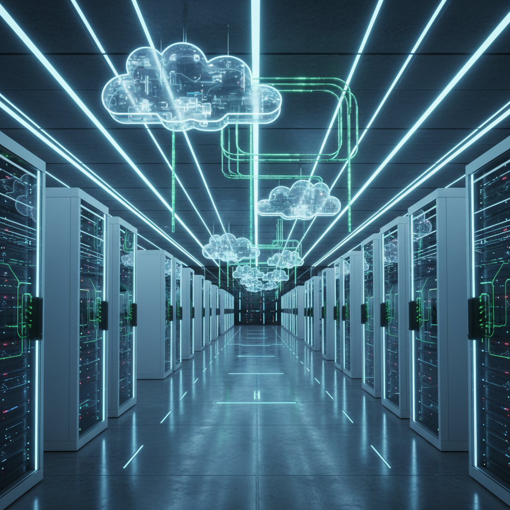Vast server room with blue and green LED lights, futuristic cloud computing infrastructure, wide angle, sleek and clean layout, no text