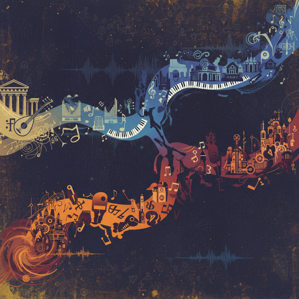 A thought-provoking illustration depicting a timeline or flow of classical music history, with a visible branching point around the 18th century, symbolizing a "what if" scenario for Mozart's influence. The illustration uses abstract musical notations, instruments, and figures, rendered in a modern infographic style with high contrast and a colored, textured background. No text. Emphasize a conceptual change in history.