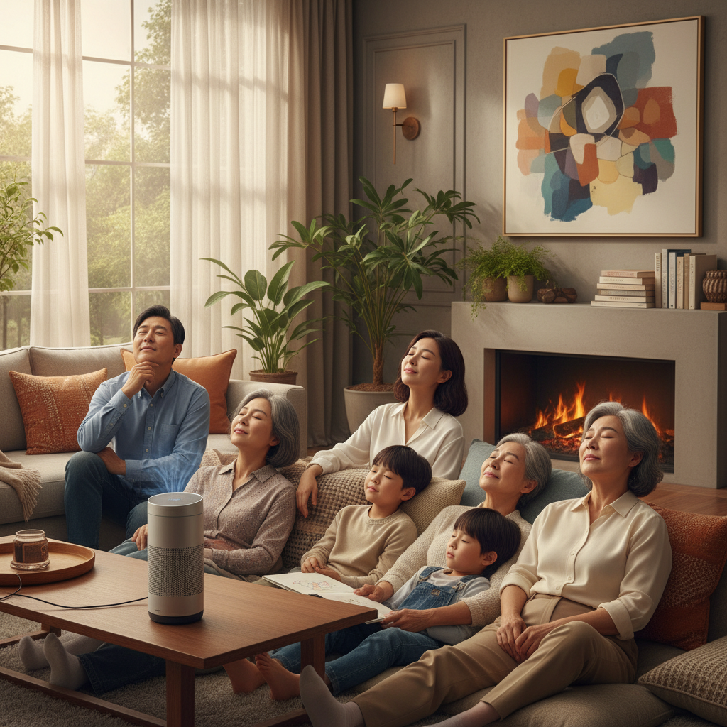 A group of diverse people of various ages, with Korean appearances, gathered in a cozy, modern living room, listening intently to classical music from a speaker, each person having a thoughtful and imaginative expression on their face. The background is warm and inviting. Style: lifestyle photography, warm lighting, natural setting. No text.