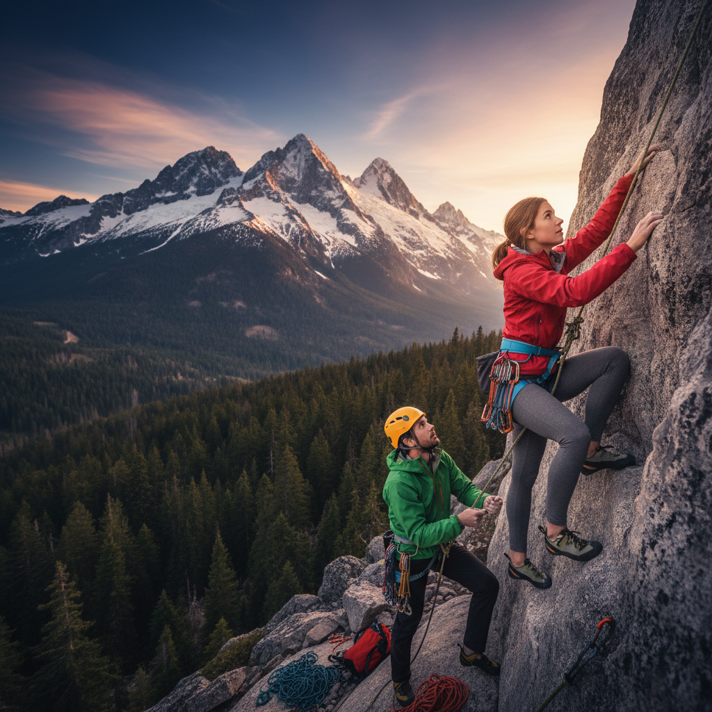 뒤로는 웅장한 설산과 숲이 펼쳐져 있음, 액티비티를 강조하는 라이프스타일 사진, colored background, no text