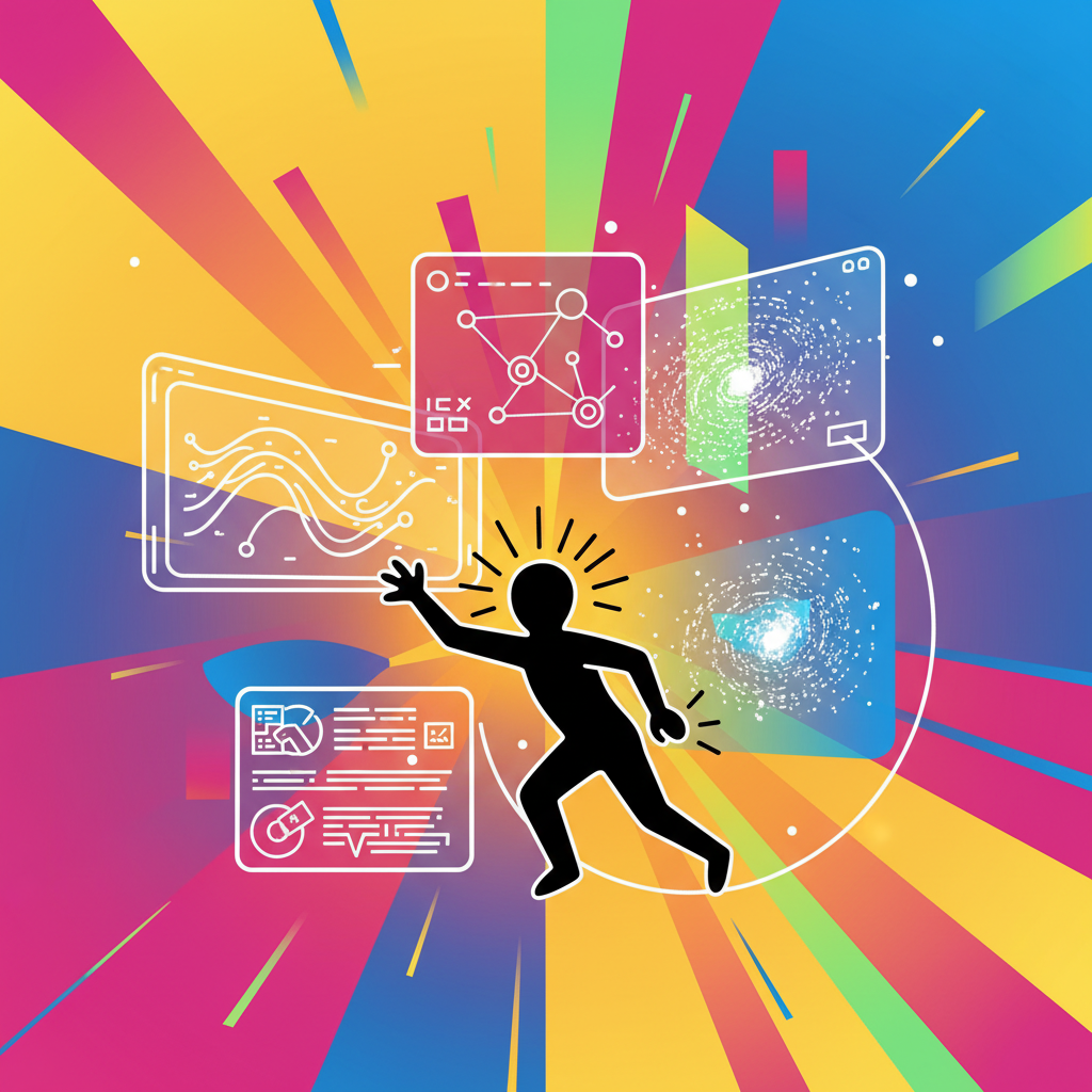 A dynamic infographic-style illustration showing a stylized Keith Haring-like figure interacting with glowing digital screens and projections. The background is a gradient of bright, bold colors. No text.