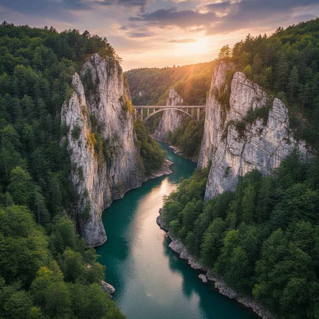 Majestic Tara River Canyon with the famous bridge, turquoise river flowing below, steep limestone cliffs, lush forests, cinematic lighting, landscape photography style, no text