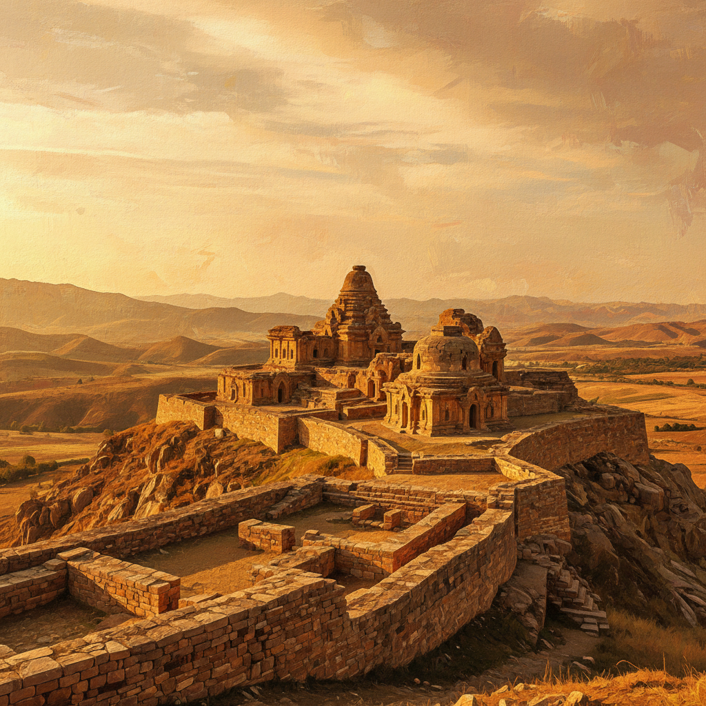 Majestic panoramic view of Takht-i-Bahi Buddhist monastery ruins on a hilltop in Pakistan, ancient stone structures, Gandhara architecture, warm golden hour lighting, artistic rendering, textured background, no text