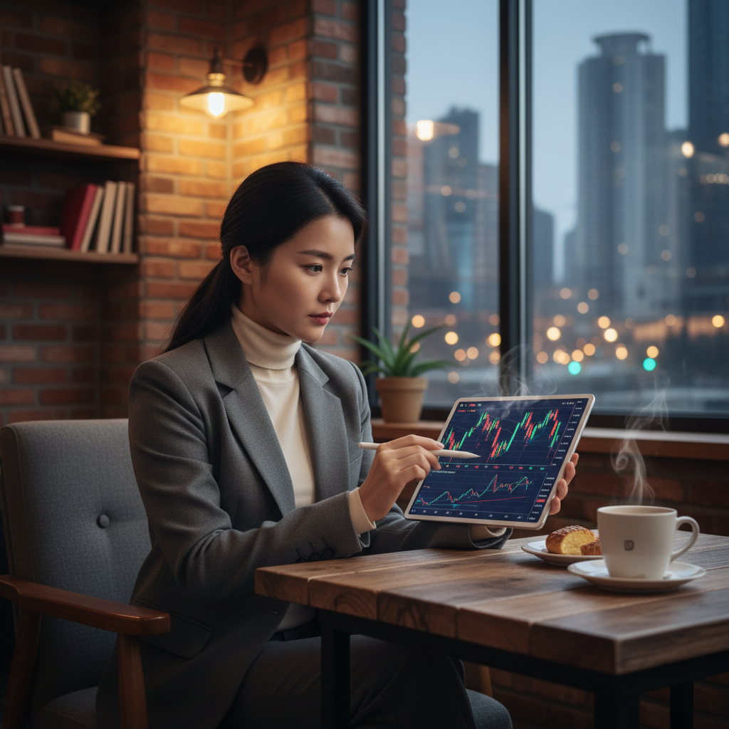 A professional Korean investor analyzing stock market charts on a tablet in a cozy cafe, warm lighting, blurred city background, clean layout, no text