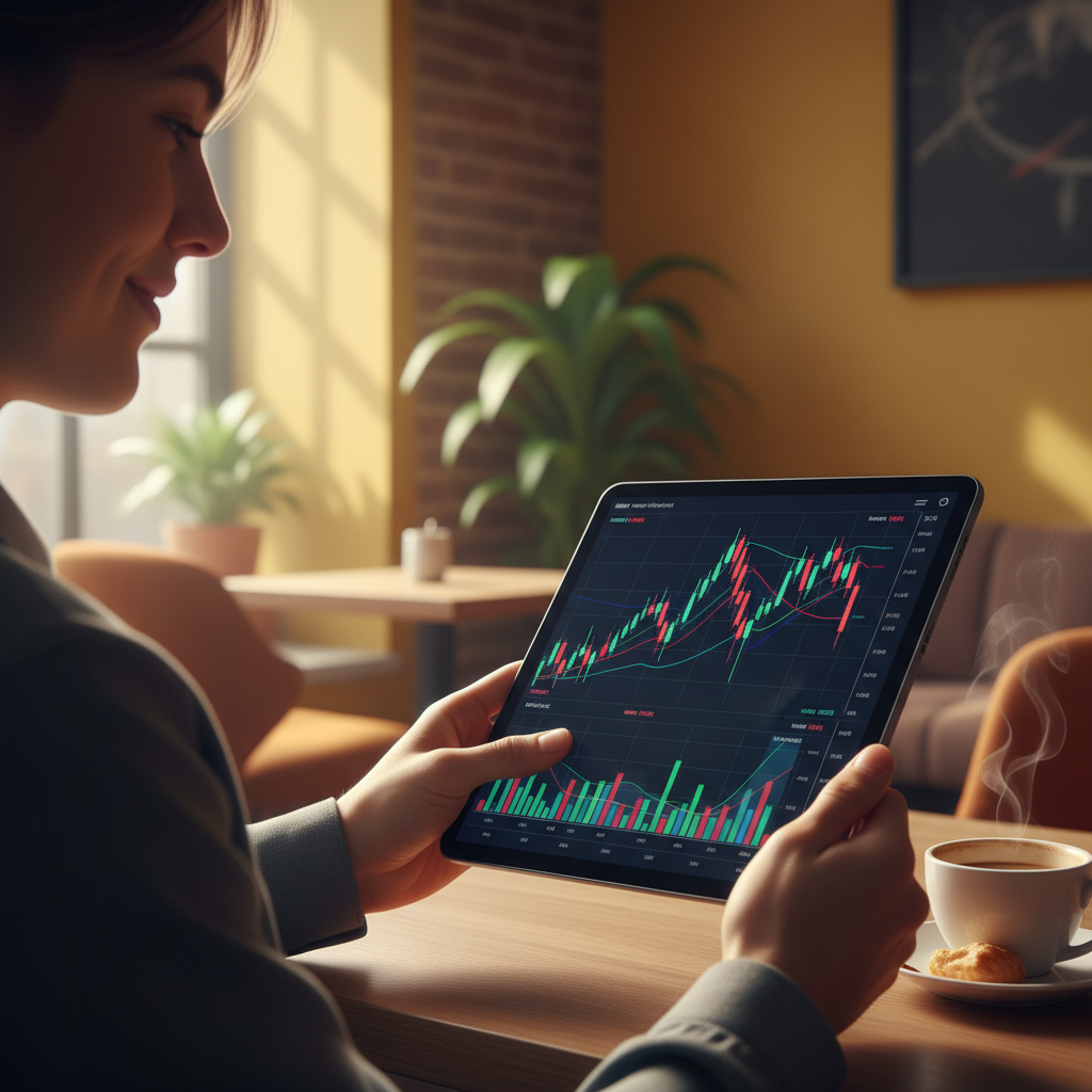 A person checking stock market charts on a tablet in a cozy cafe, close-up shot, warm morning light, colored background, professional yet relaxed atmosphere, no text