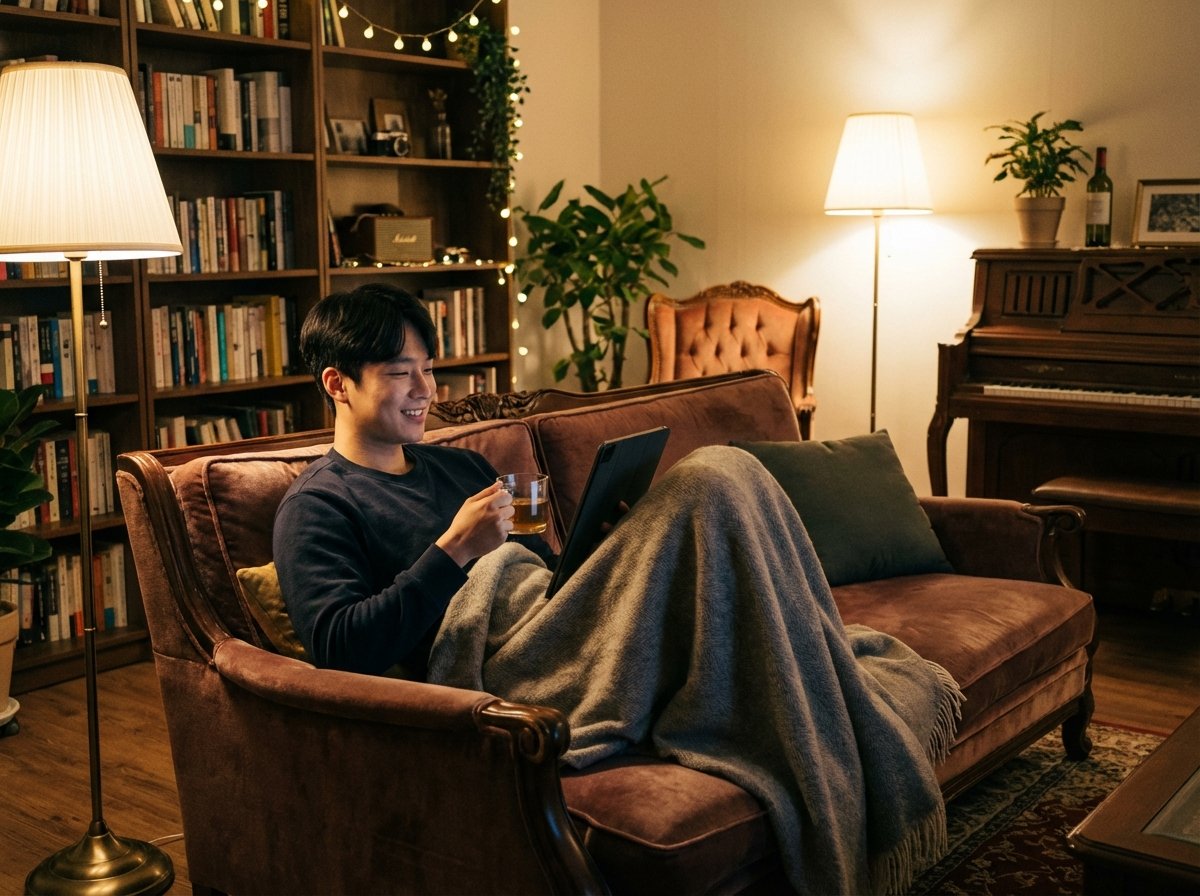 A young man watching a movie on a tablet in a cozy living room with warm lighting, modern lifestyle photography, Korean appearance, rich background, no text, 4:3