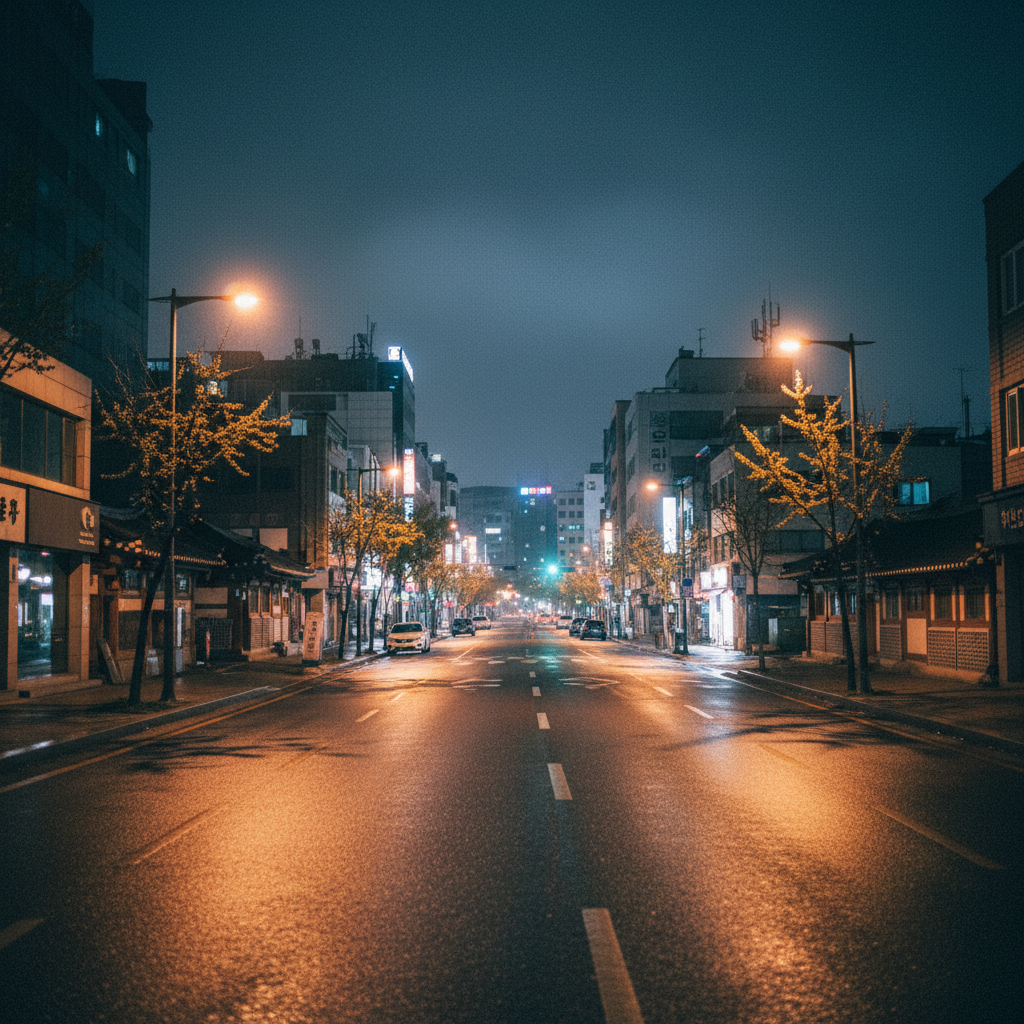 An empty Seoul street at night under a curfew, warm street lights casting long shadows, lonely and quiet atmosphere, lifestyle photography style, no text