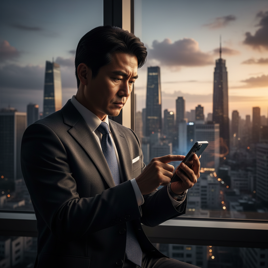 A professional Korean investor looking at financial news on a smartphone in a modern office, city skyline in background, warm lighting, high contrast photography, no text