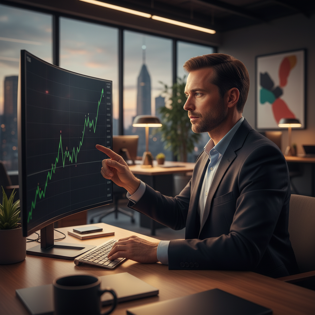 A professional financial analyst looking at a rising Tesla stock chart on a digital screen, modern office background, warm lighting, high contrast, no text