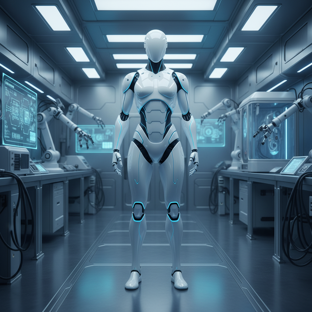 A sleek white humanoid robot standing in a high-tech laboratory with soft blue ambient lighting, advanced engineering aesthetic, realistic photography, no text