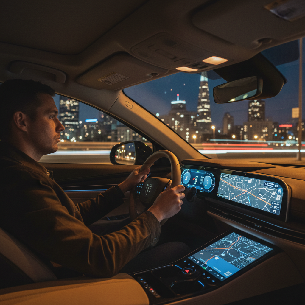 A person sitting in the driver seat of a modern electric car in San Francisco at night, hands near the steering wheel, focused expression, urban night background with dimmed street lights, lifestyle photography, warm lighting, no text