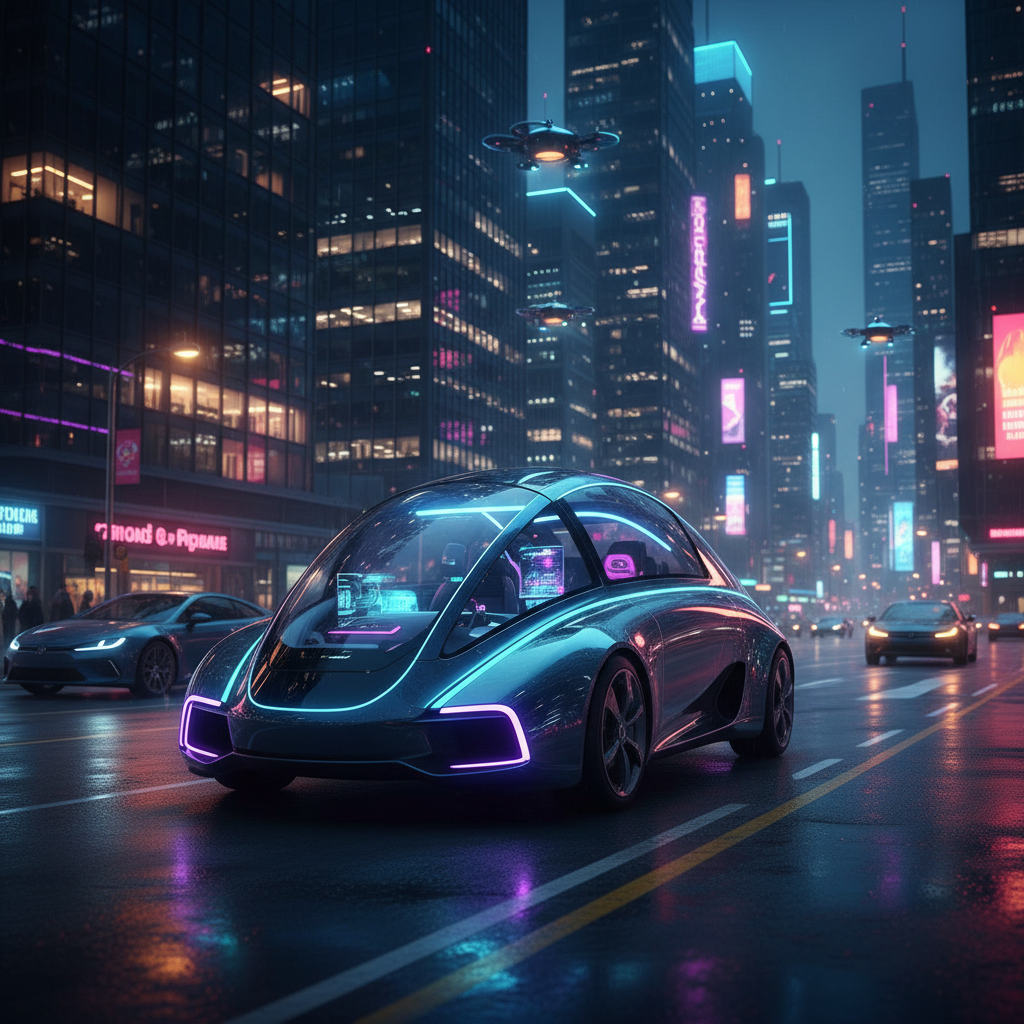 A futuristic autonomous driving vehicle on a city street at night, glowing neon lights, sleek design, high-tech atmosphere, rich colors, no text