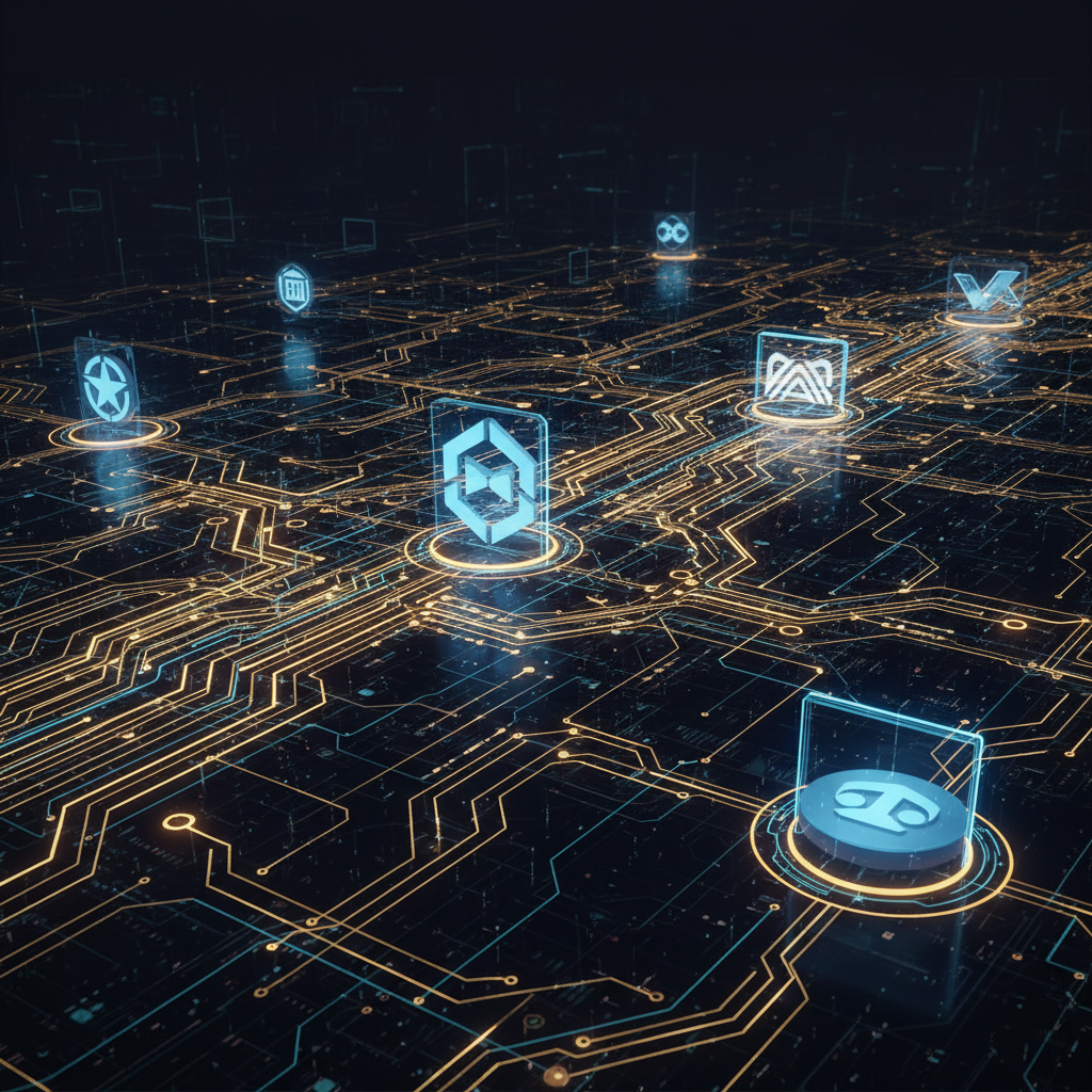 A digital conceptual art showing interconnected glowing circuits representing money flow between tech giants, complex network, modern high tech atmosphere, deep blue and gold tones, no text