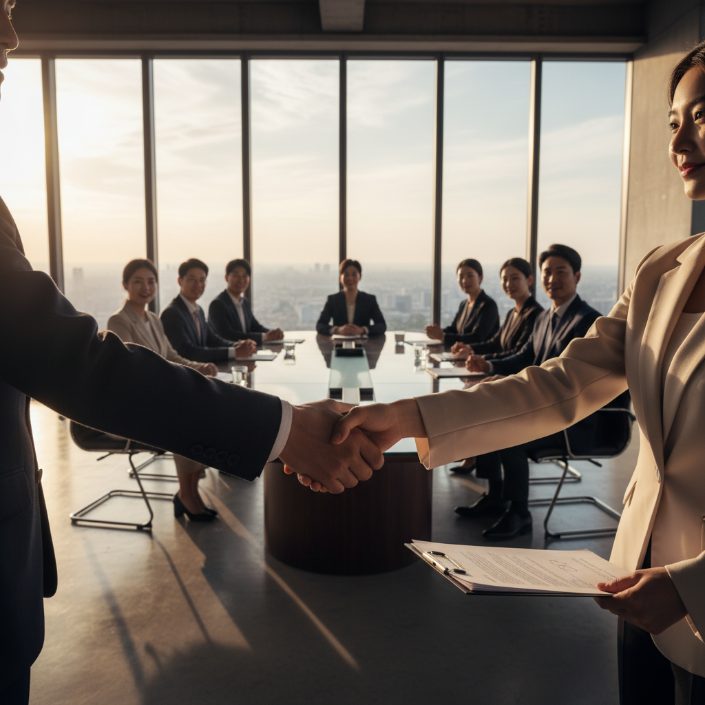 Professional business meeting in a high-rise glass boardroom, modern corporate setting, warm sunset lighting, focus on a handshake or contract, Korean professionals included, no text