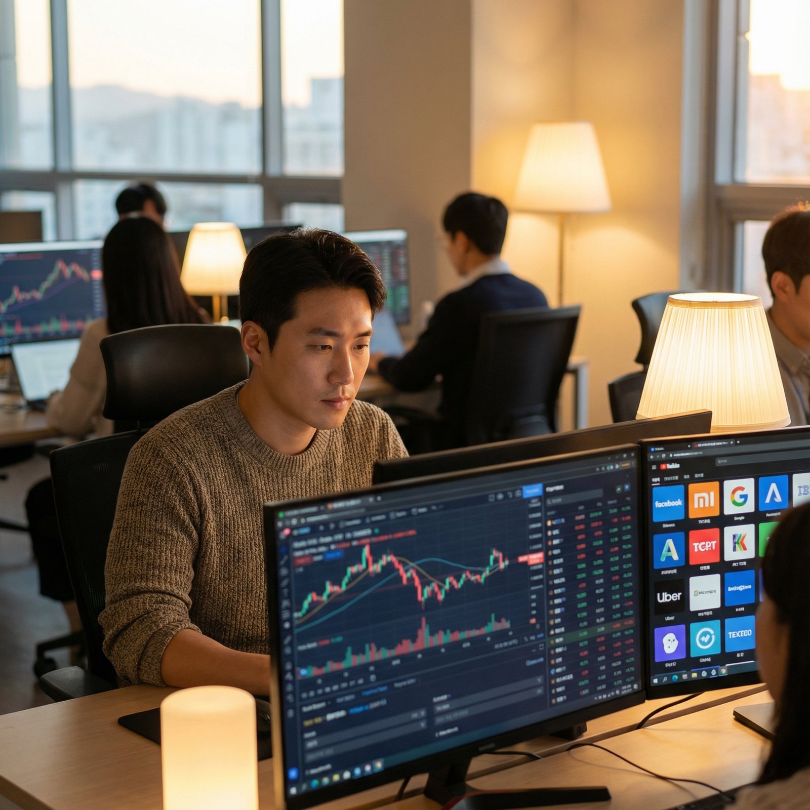 A focused Korean male investor looking at multiple screens with glowing stock market charts and tech icons, modern office setting, warm ambient lighting, realistic lifestyle photography, 1:1