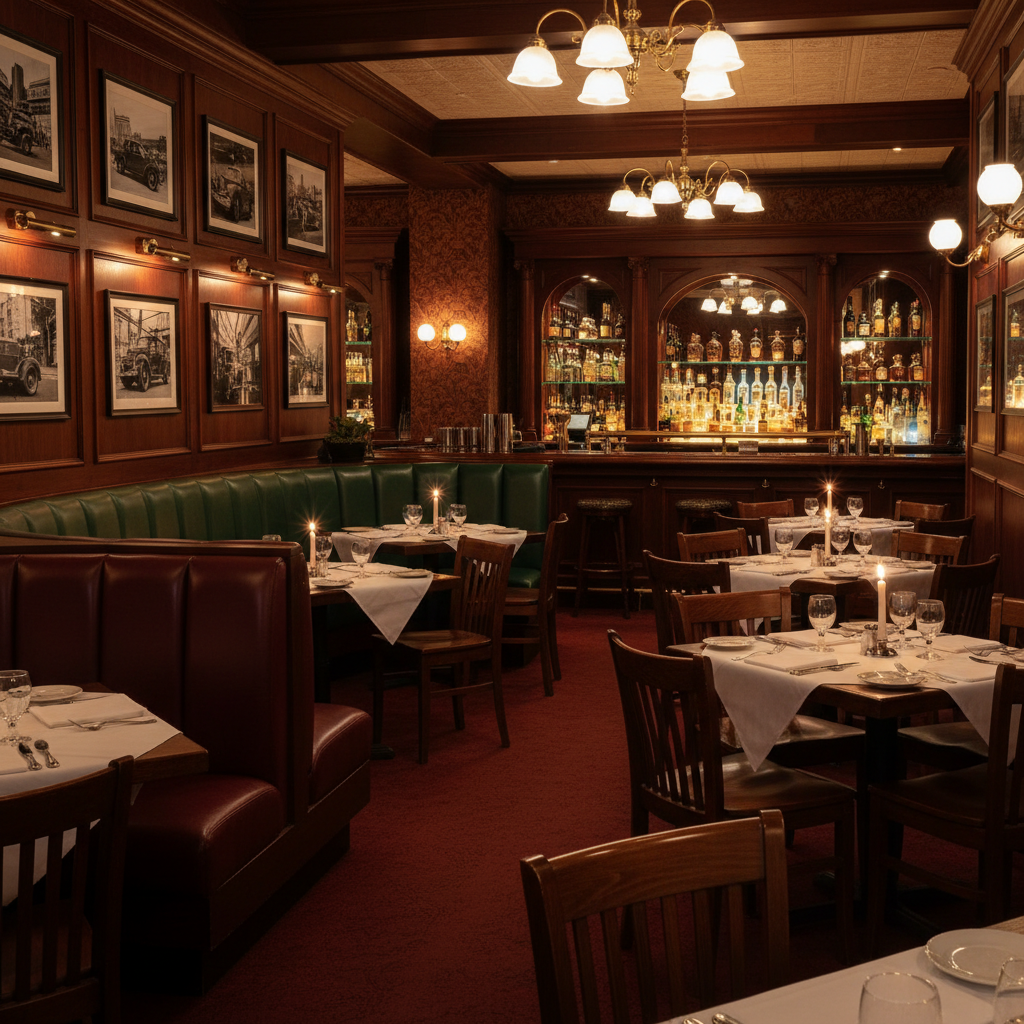 A warm and inviting interior of a classic American steakhouse restaurant with wooden furniture and soft lighting rich colored background no text