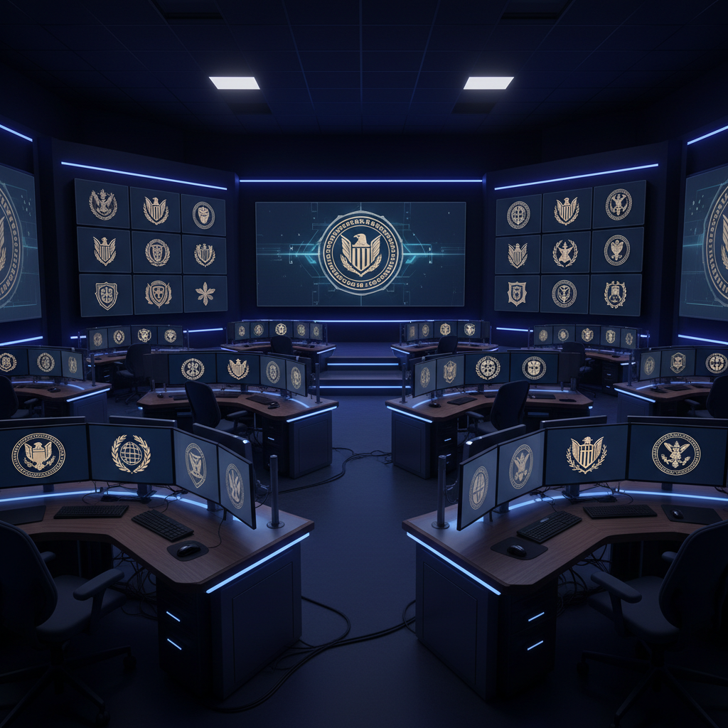 A modern newsroom with multiple monitors showing static or official government seals, dark ambient lighting, professional cinematic layout, no text