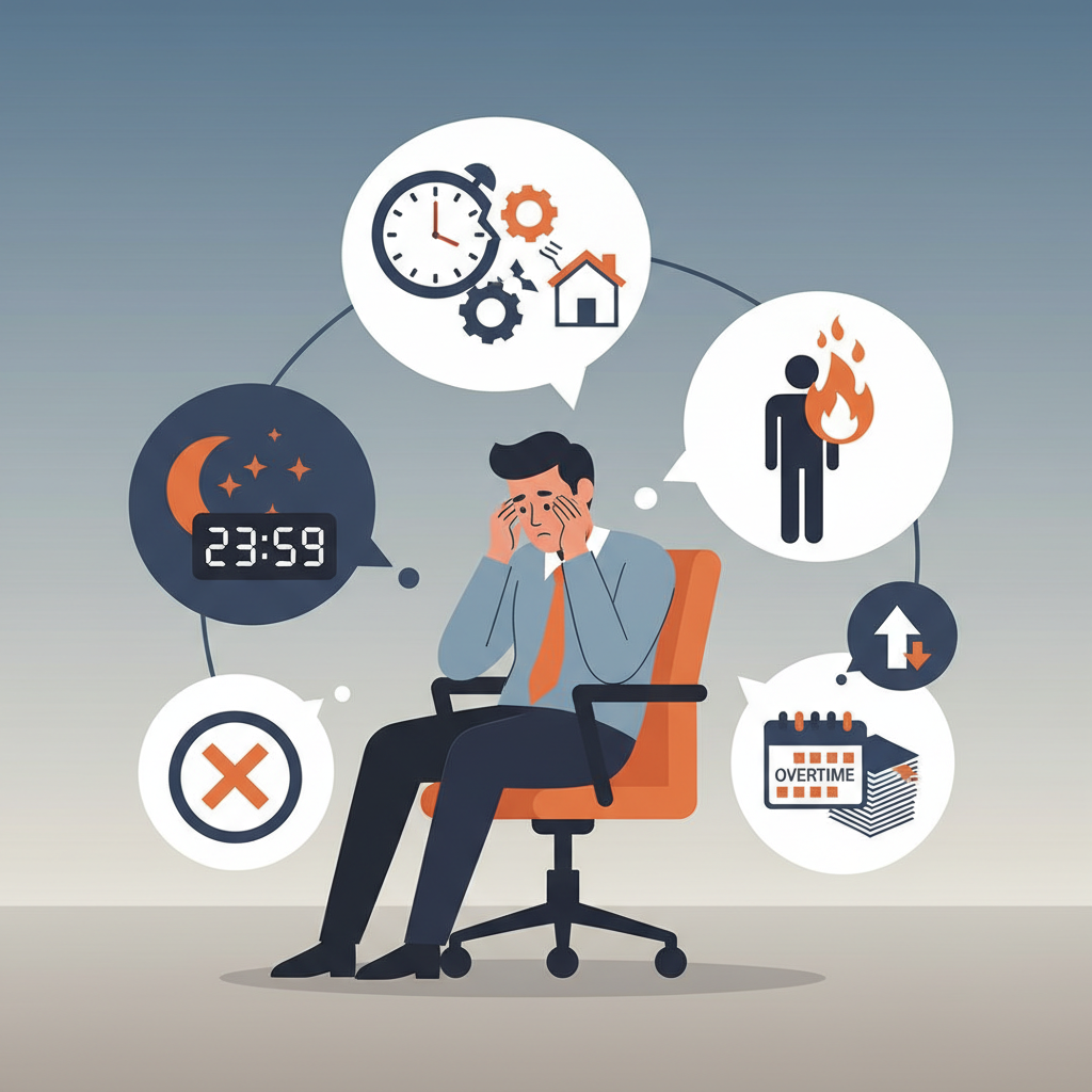 A clean infographic with modern layout and high contrast illustrating concepts related to 'failed to leave work'. Show a tired Korean office worker in the center, surrounded by speech bubbles or thought bubbles containing various related words like 'overtime', 'work-life balance destruction', 'burnout', 'late night', and 'mission failed', without any visible text. The background is a gradient of muted office colors. Style: clean infographic, modern layout, high contrast, colored background.