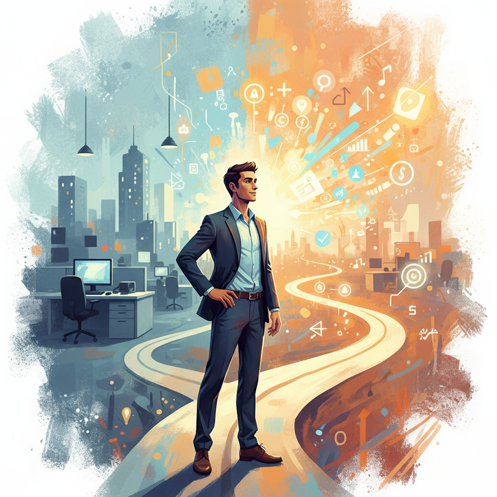 A person standing at a crossroads, looking confidently towards one path that represents new opportunities. The background shows both a blurry office setting and a bright, open future. Style: illustration, artistic rendering, textured background. No text, colored background.