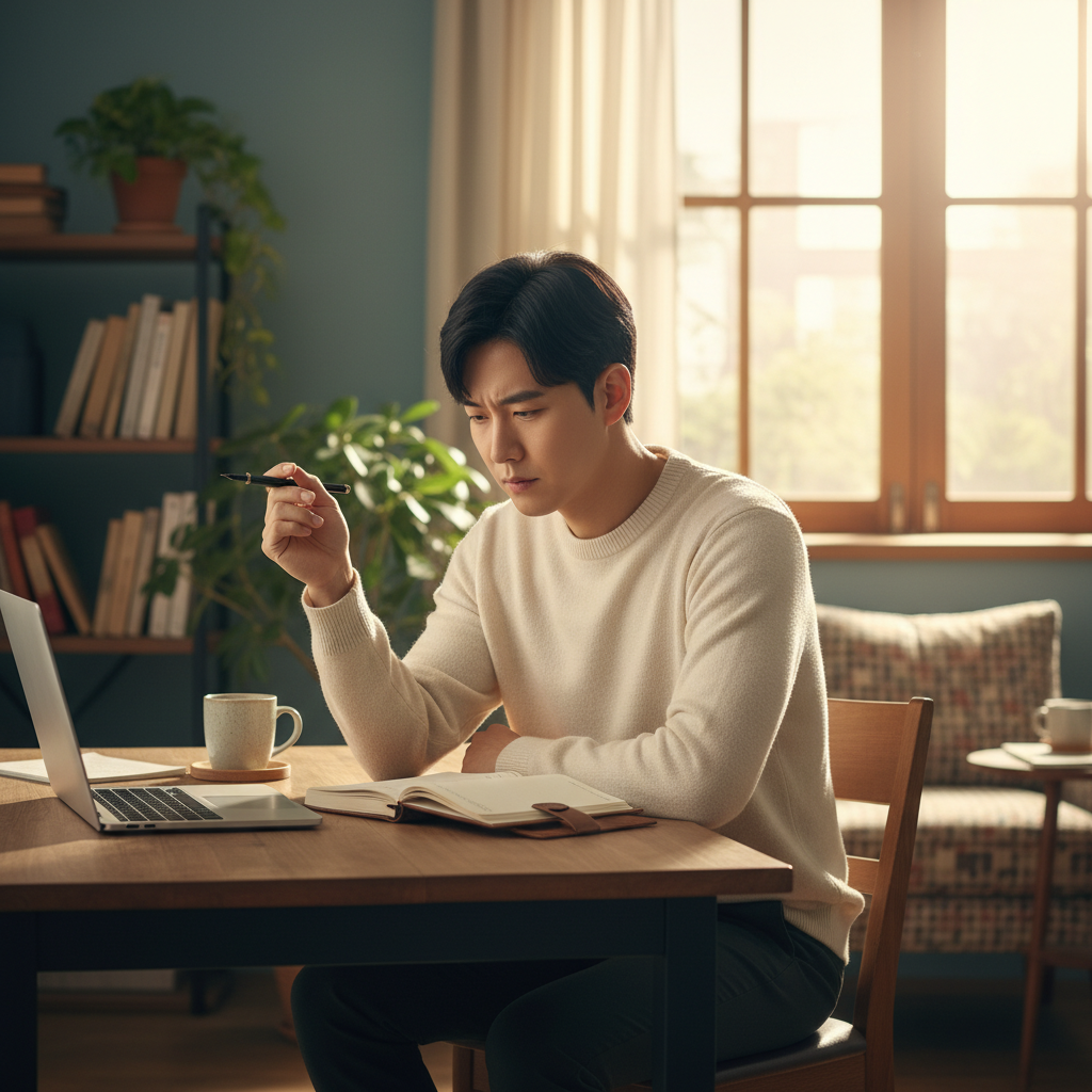 A Korean person sitting at a desk with a notebook, pen, and a laptop, looking thoughtful and determined. The background suggests a cozy home office or cafe, with warm, balanced lighting. Style: lifestyle photography, warm lighting, natural setting. No text, colored background.