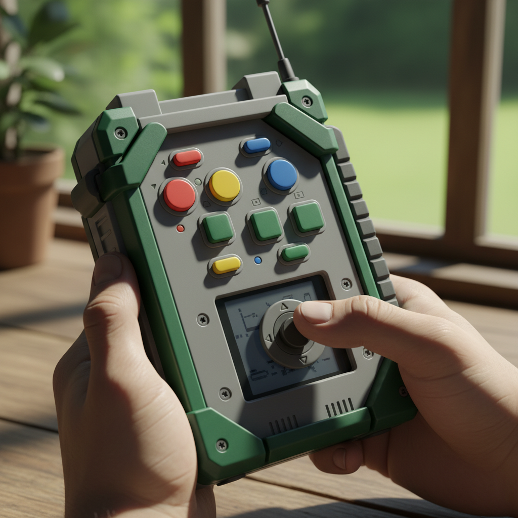 An alternate reality handheld device with many physical buttons and a small screen, clunky industrial design from the early 2000s, lifestyle photography, natural lighting, no text