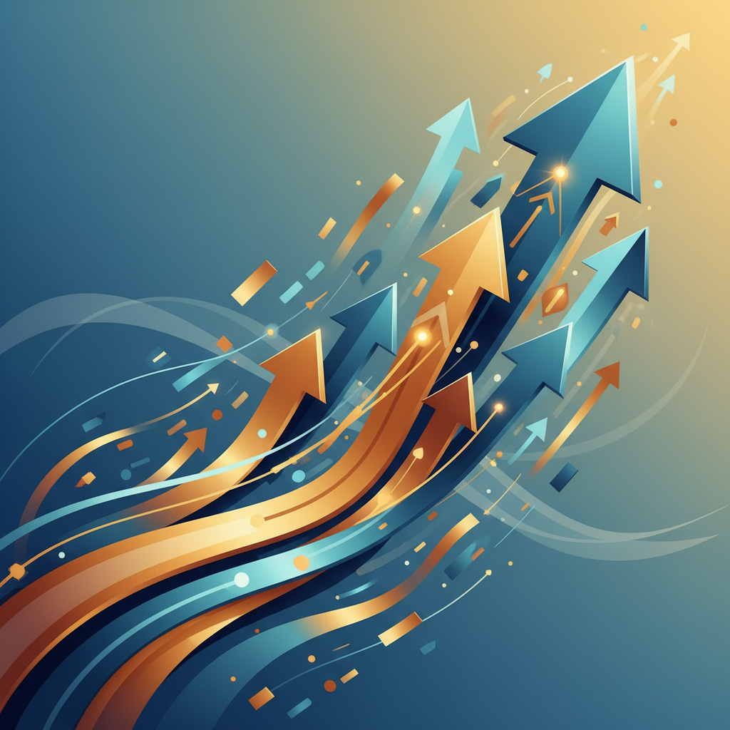 A clean professional infographic style illustration showing growth, upward arrows, blue and warm gold tones, modern design, no text