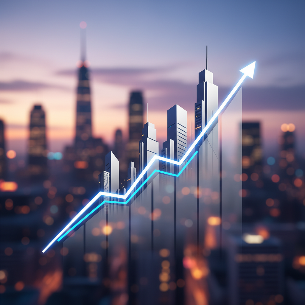 clean infographic, modern layout, high contrast. A brightly lit upward-trending financial graph integrated with subtle architectural elements of a modern city. The background features a blurred but vibrant cityscape. No visible text.