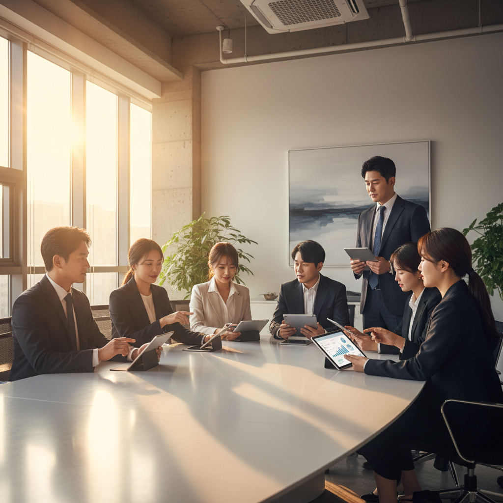 A group of professional Korean investors in a modern office having a discussion over tablet devices, warm cinematic lighting, high-quality lifestyle photography, no text