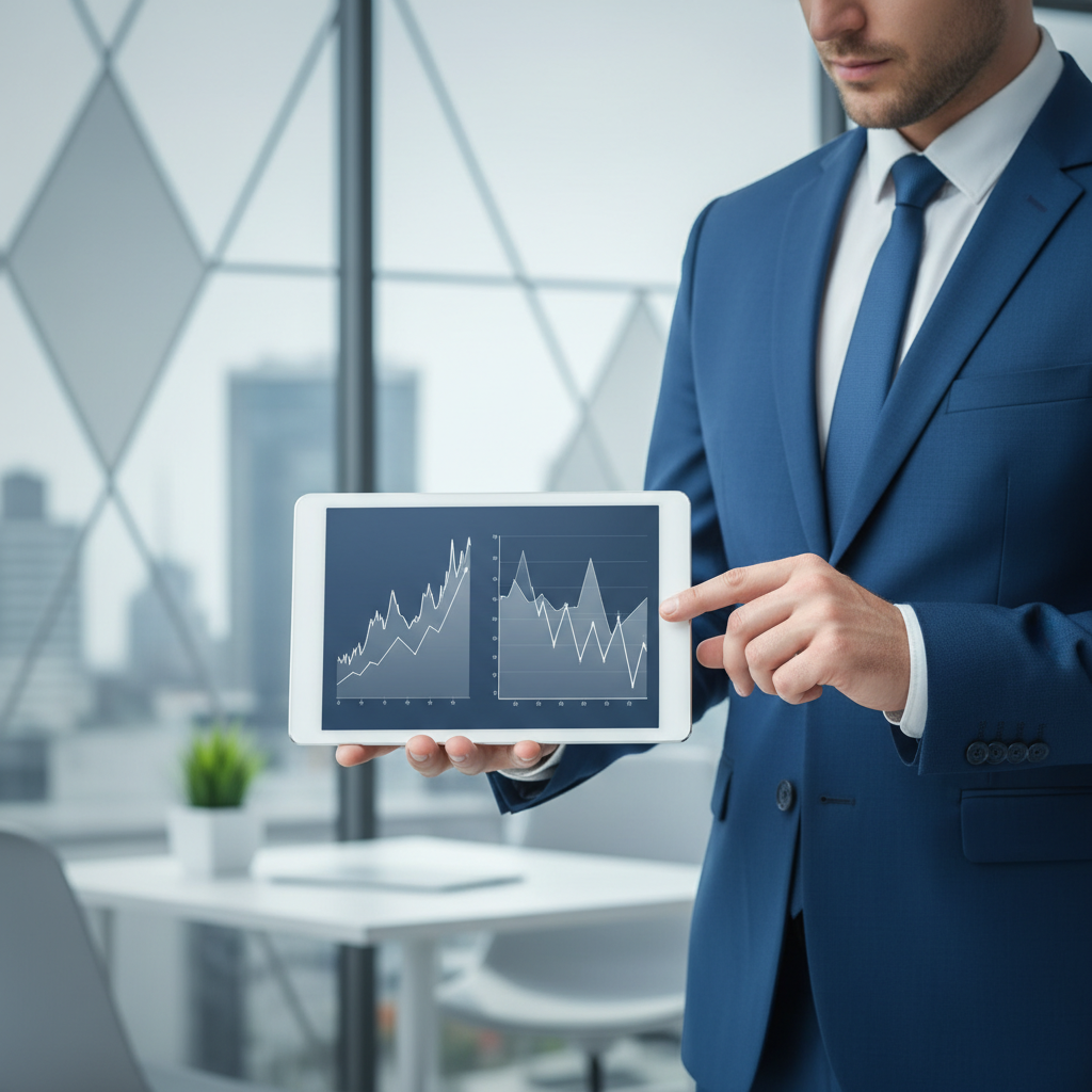 A financial expert comparing two different stock charts on a tablet, focused and analytical expression, modern office background, clean infographic style, no text