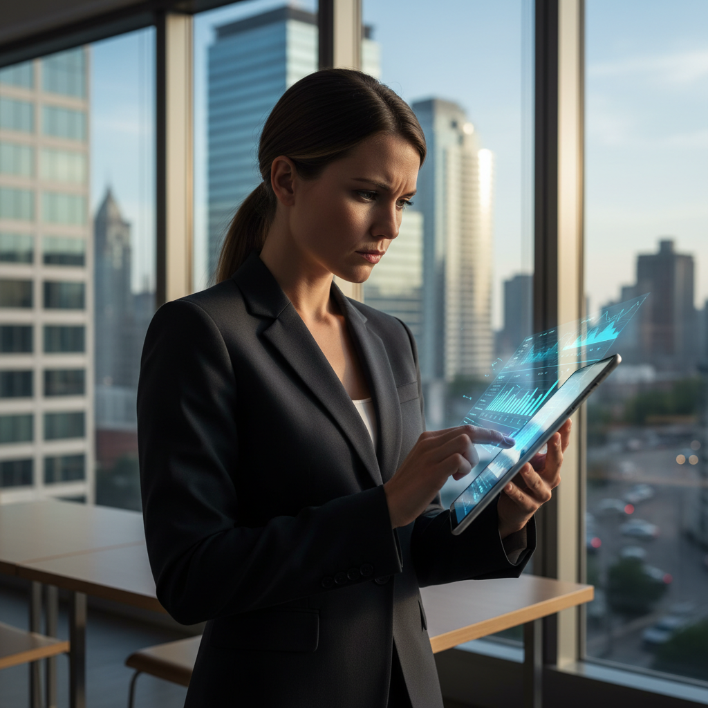 A professional person looking at financial charts on a sleek tablet screen in a modern office, focused expression, blurred city background, high contrast, no text