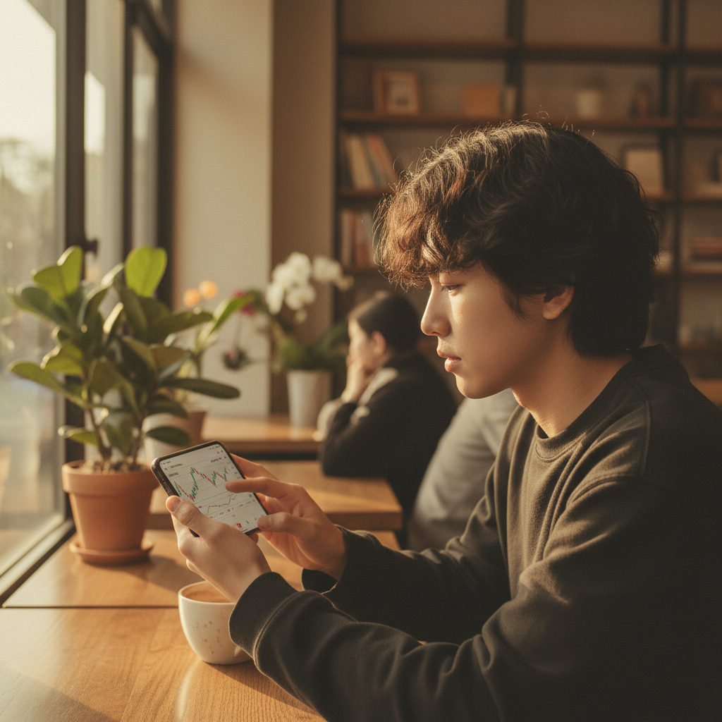 A person checking a stock market app on a smartphone in a cozy cafe, lifestyle photography, warm lighting, natural setting, Korean person, no text