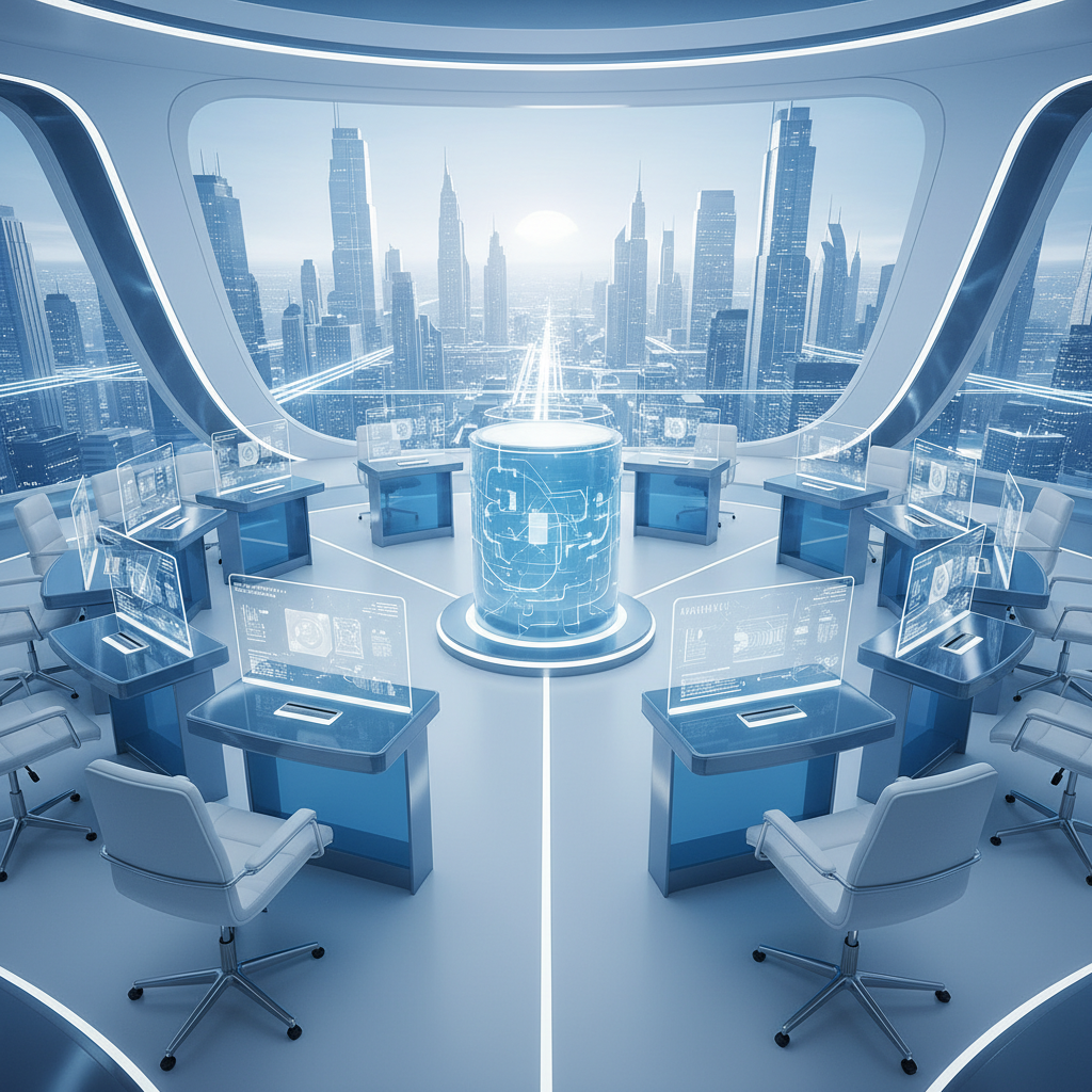 A conceptual image of a futuristic voting booth or shareholder meeting, bright clear lighting, blue and white color theme, clean minimalist style, rich background, no text