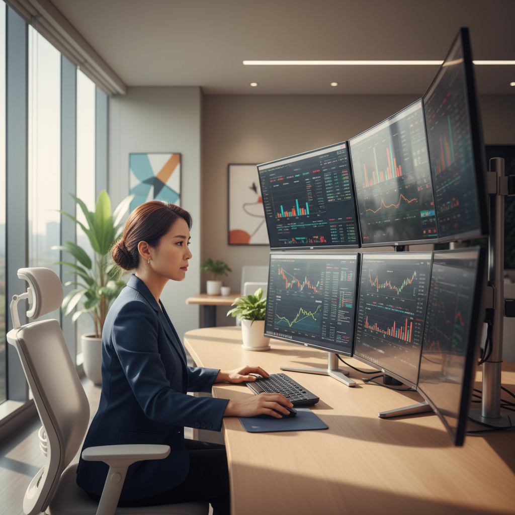 A Korean professional investor analyzing financial charts on multiple screens in a modern office, focused expression, natural lighting, visually rich composition, no text