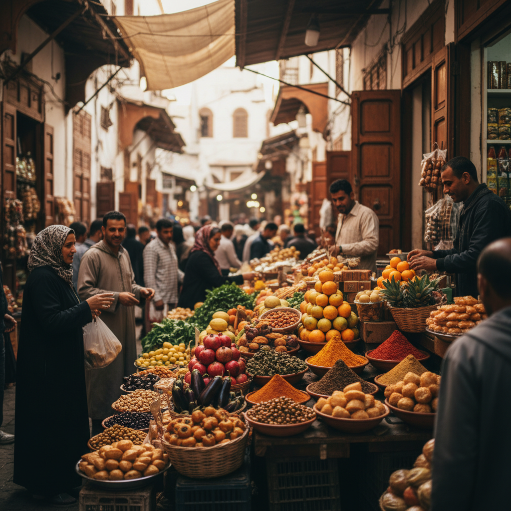 A bustling food market stall in the Medina of Tunis, filled with colorful fresh produce, spices, and local delicacies. People are interacting with vendors. Style: lifestyle photography, warm lighting, natural setting. No visible text in image. Colored background, centered focus, visually rich, no empty margins. No text.