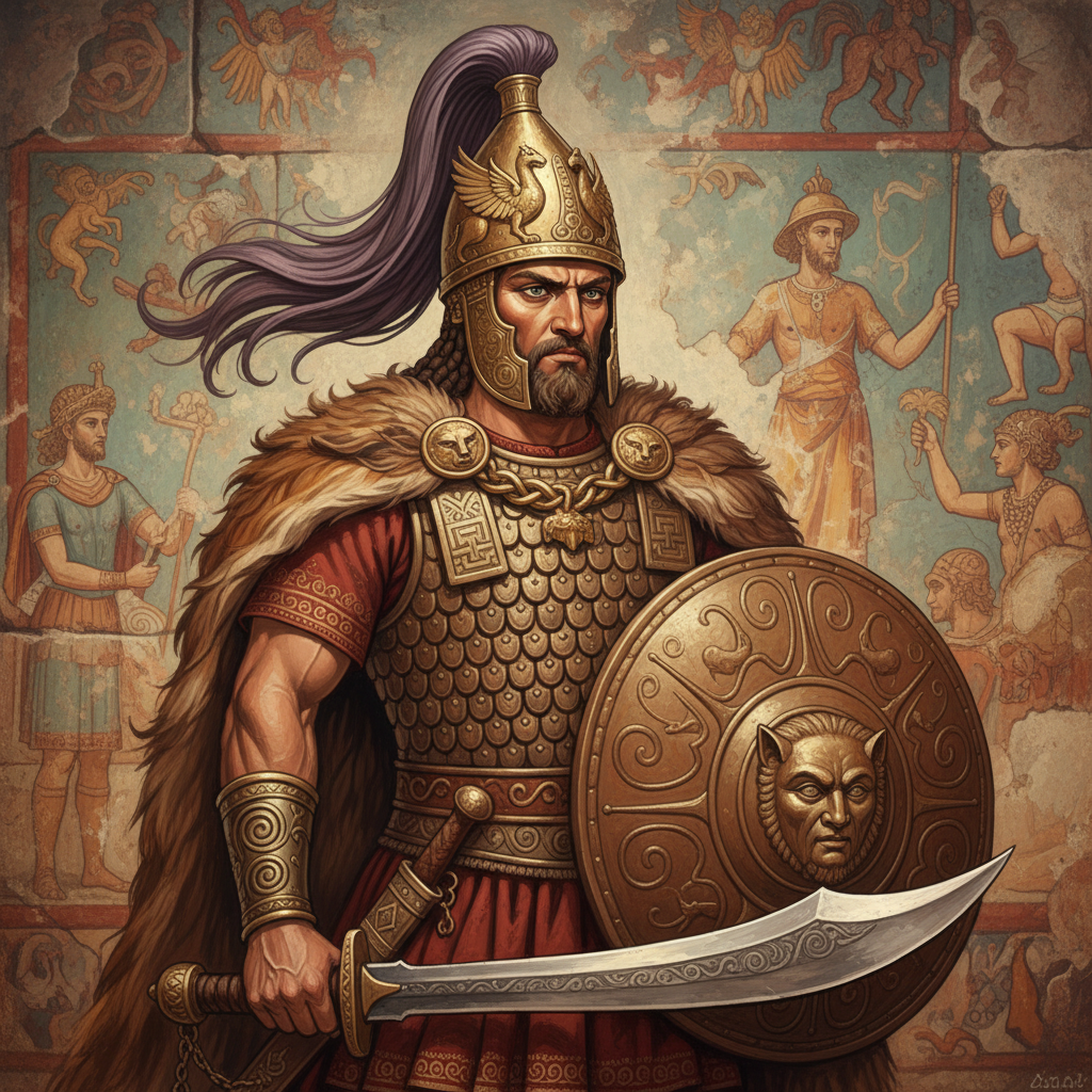 Artistic rendering of a Thracian warrior or nobleman, symbolizing ancient Thracian culture, intricate details, textured background, balanced lighting, no text