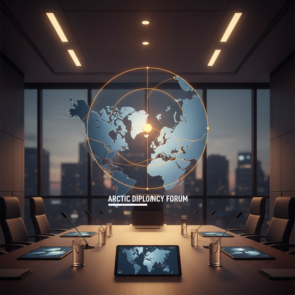 A world map focused on the Arctic region and Greenland, with a modern diplomatic office background, high contrast, clean infographic style, warm lighting