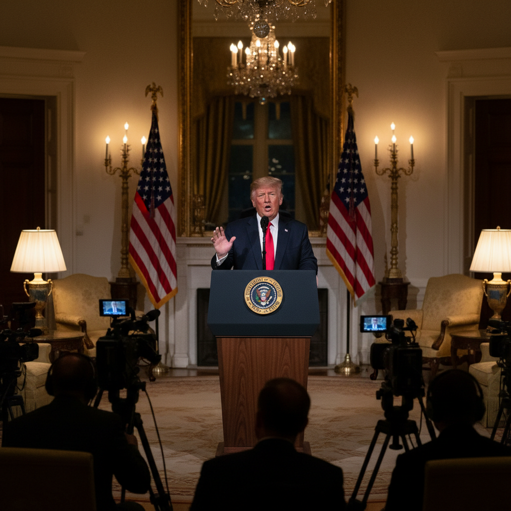 President Trump delivering a prime-time speech from the White House Diplomatic Reception Room, professional news broadcast style, warm interior lighting, American flags in background, high contrast, no text