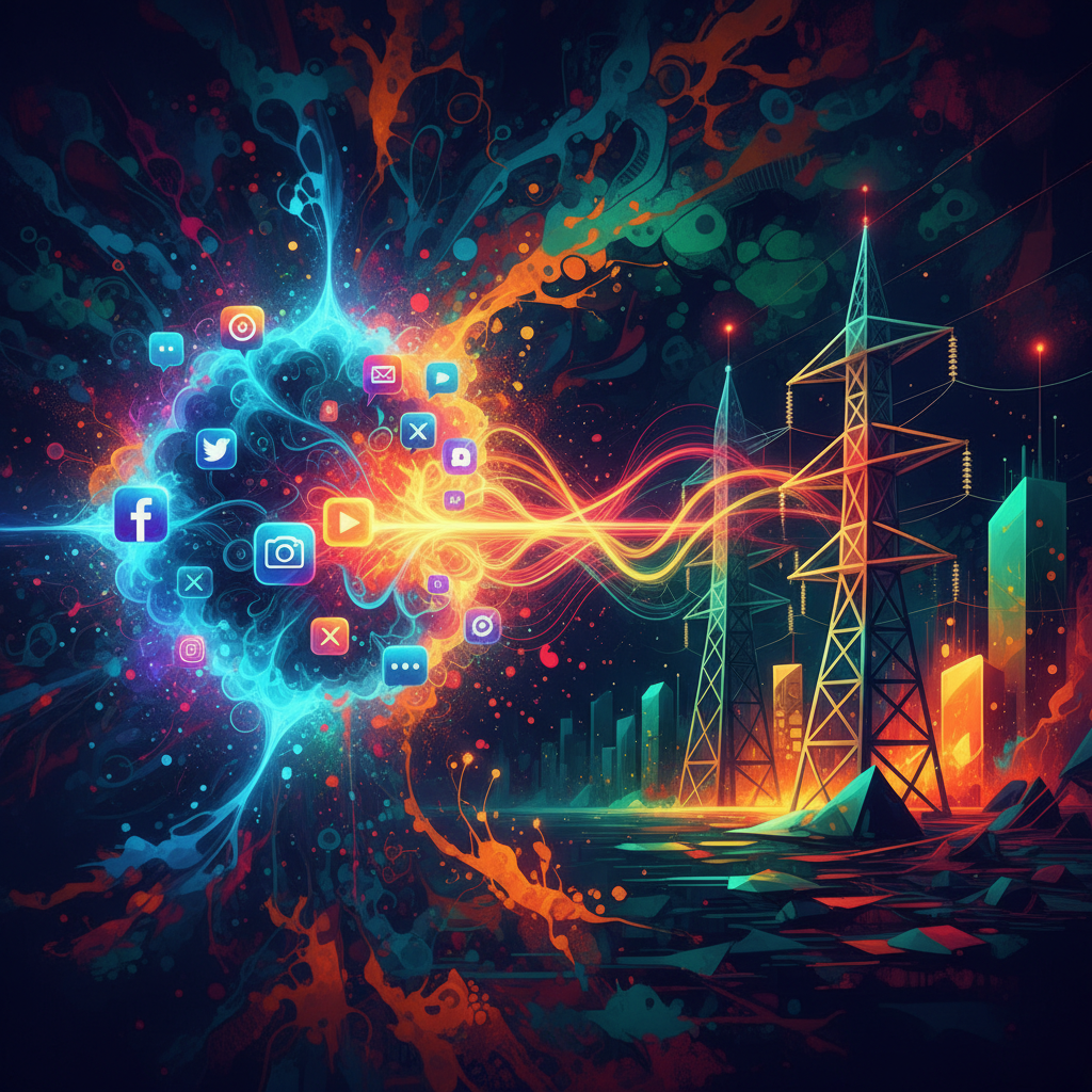 A conceptual illustration showing the connection between social media networks and energy grids, vibrant colors, artistic rendering, textured background, no text