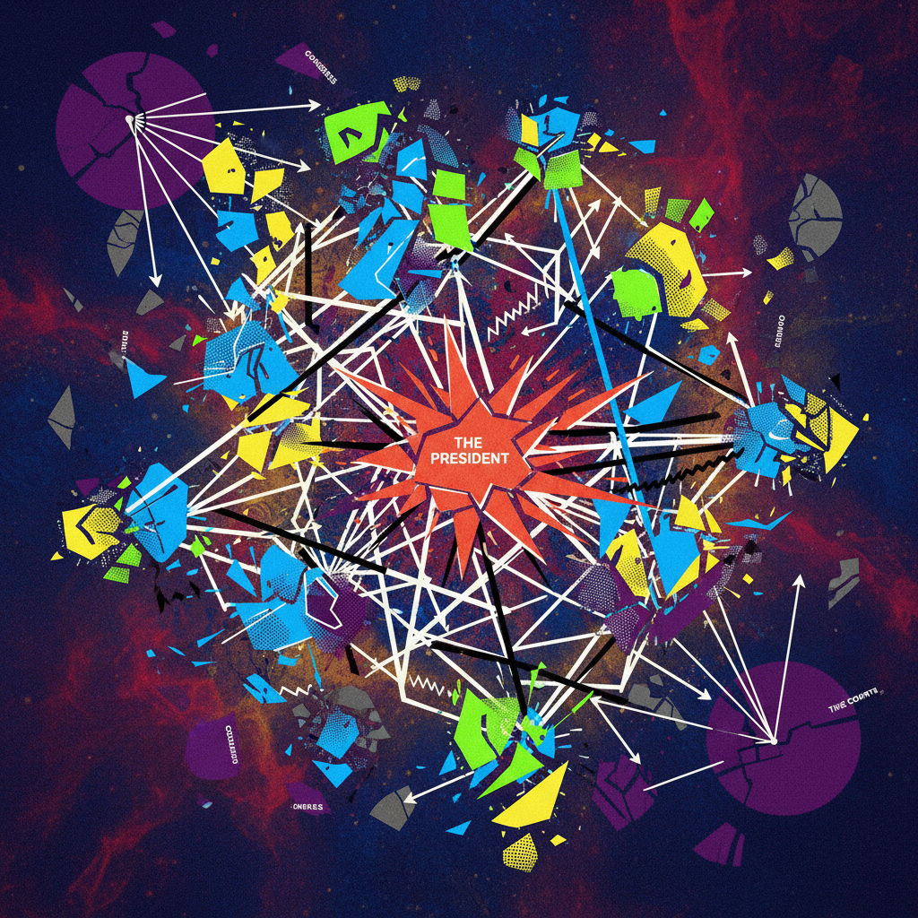 A clean infographic illustrating the complex and often chaotic process of policy-making within the Trump administration, using abstract shapes and connecting lines to represent different stakeholders and ideas, with a modern layout and high contrast. Colored background, no text. Aspect ratio 4:3.
