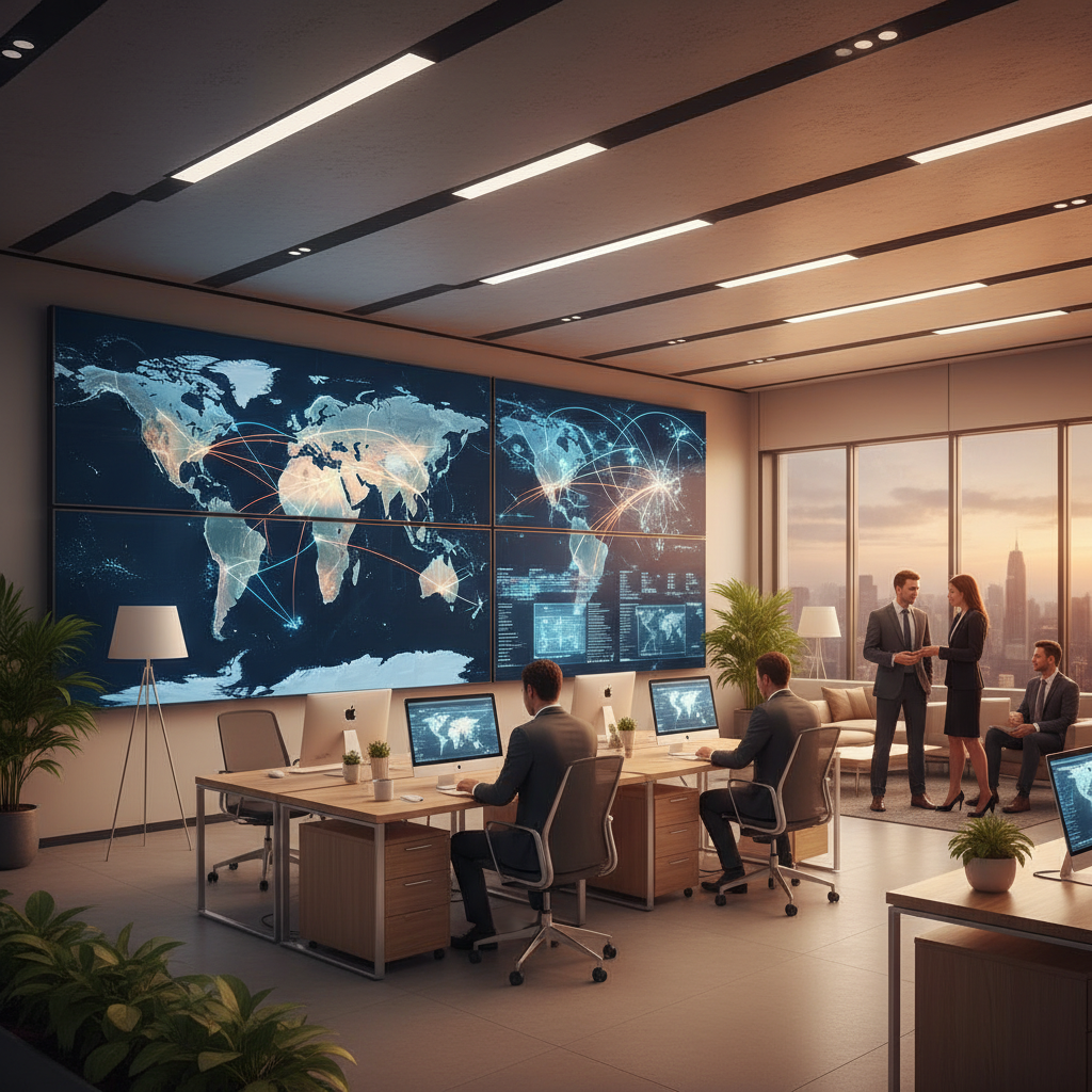 A modern office environment with digital world maps showing shipping routes, clean layout, warm lighting, professional setting, no text