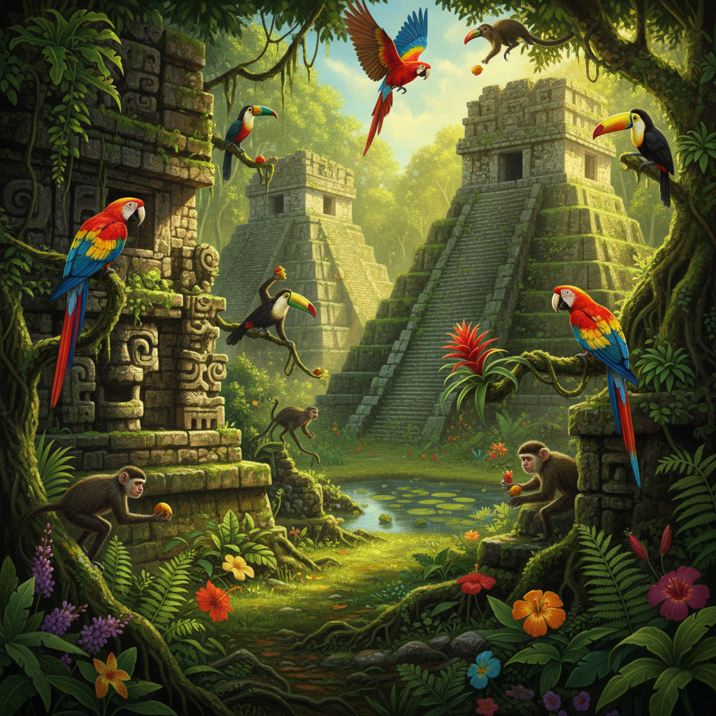 Artistic rendering of a vibrant jungle scene with exotic birds and monkeys near ancient Mayan ruins in Tikal, textured background, bright lighting, no text