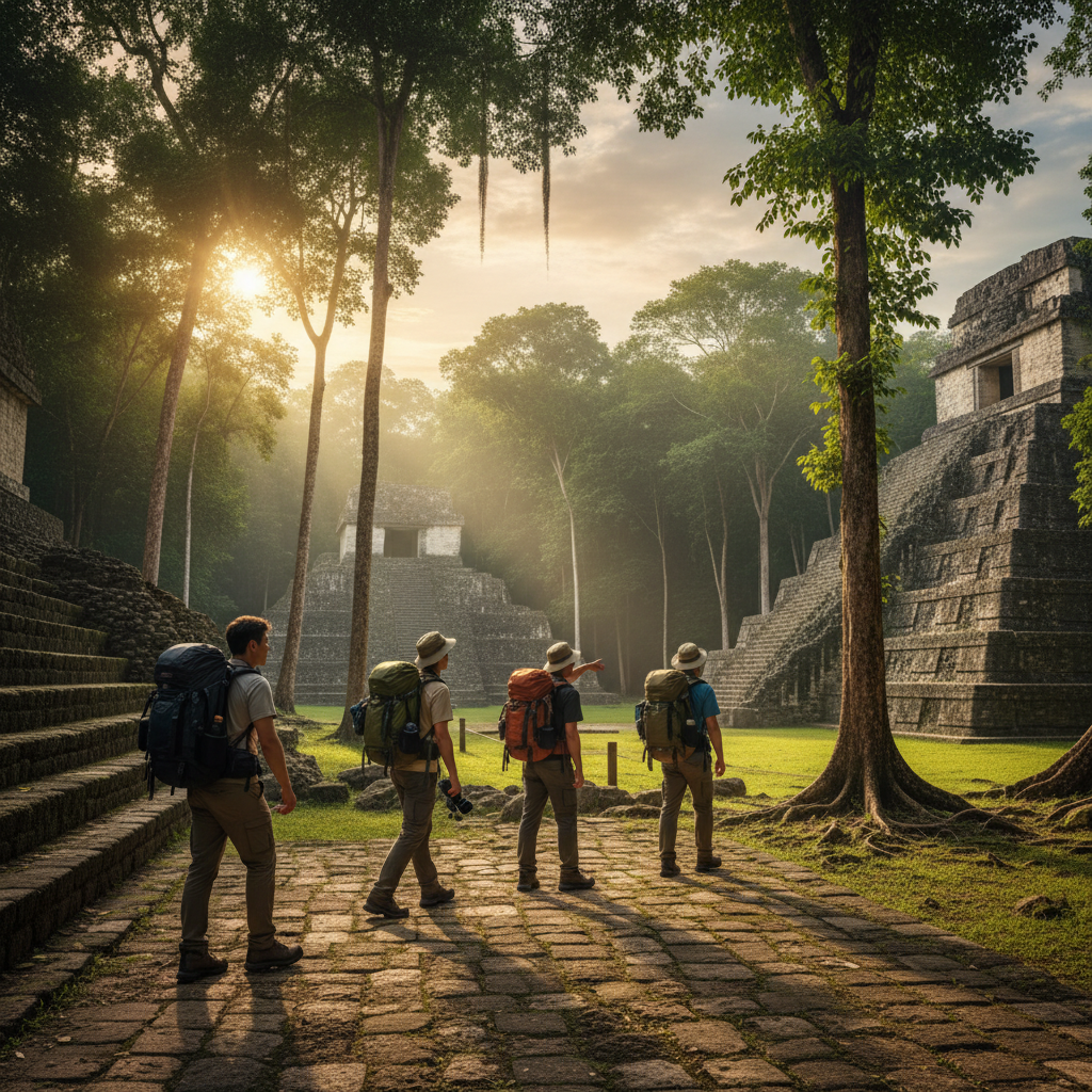 Lifestyle photography of Korean explorers walking through ancient Mayan ruins in Tikal, warm lighting, natural setting, rich jungle background, no text