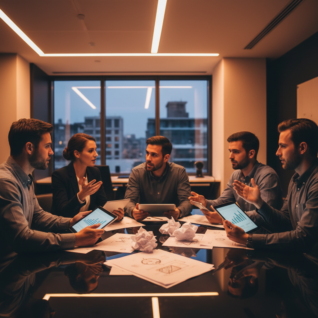 Small team of focused professionals having a passionate discussion around a table with tablets and sketches, modern office environment, dynamic composition, warm colored lighting, no text