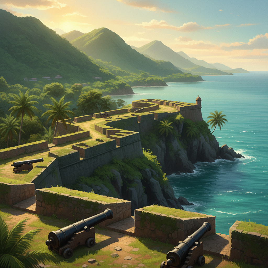 Wide angle landscape of the historic Portobelo fortifications in Panama with stone walls and cannons facing the Caribbean Sea, lush green mountains in background, warm tropical sunlight, artistic rendering style, no text