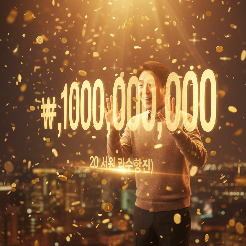 A person looking at a huge lottery jackpot amount on a screen, golden coins and confetti around, cinematic lighting, warm atmosphere, Korean appearance, no text