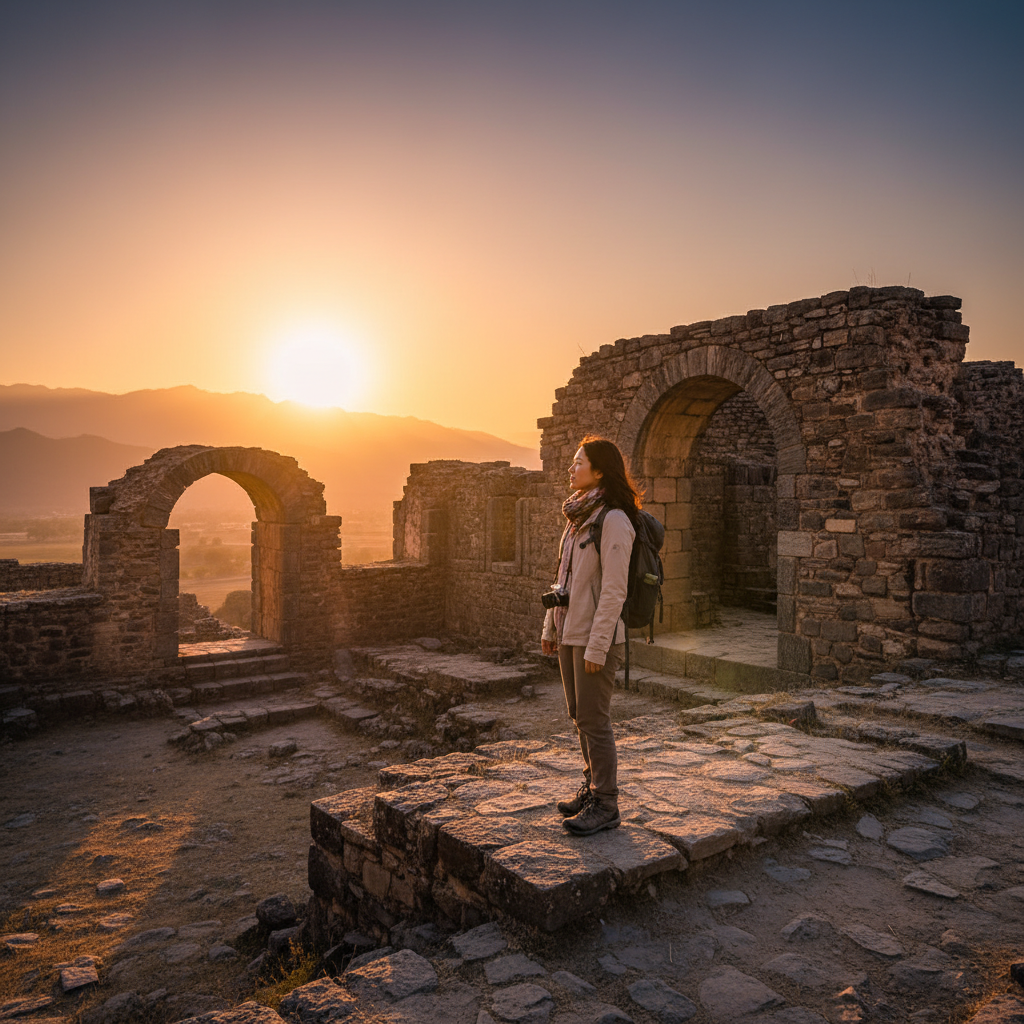 A Korean appearance traveler standing near ancient ruins of Takht-i-Bahi looking at the sunset, lifestyle photography, warm lighting, atmospheric scenery, no text