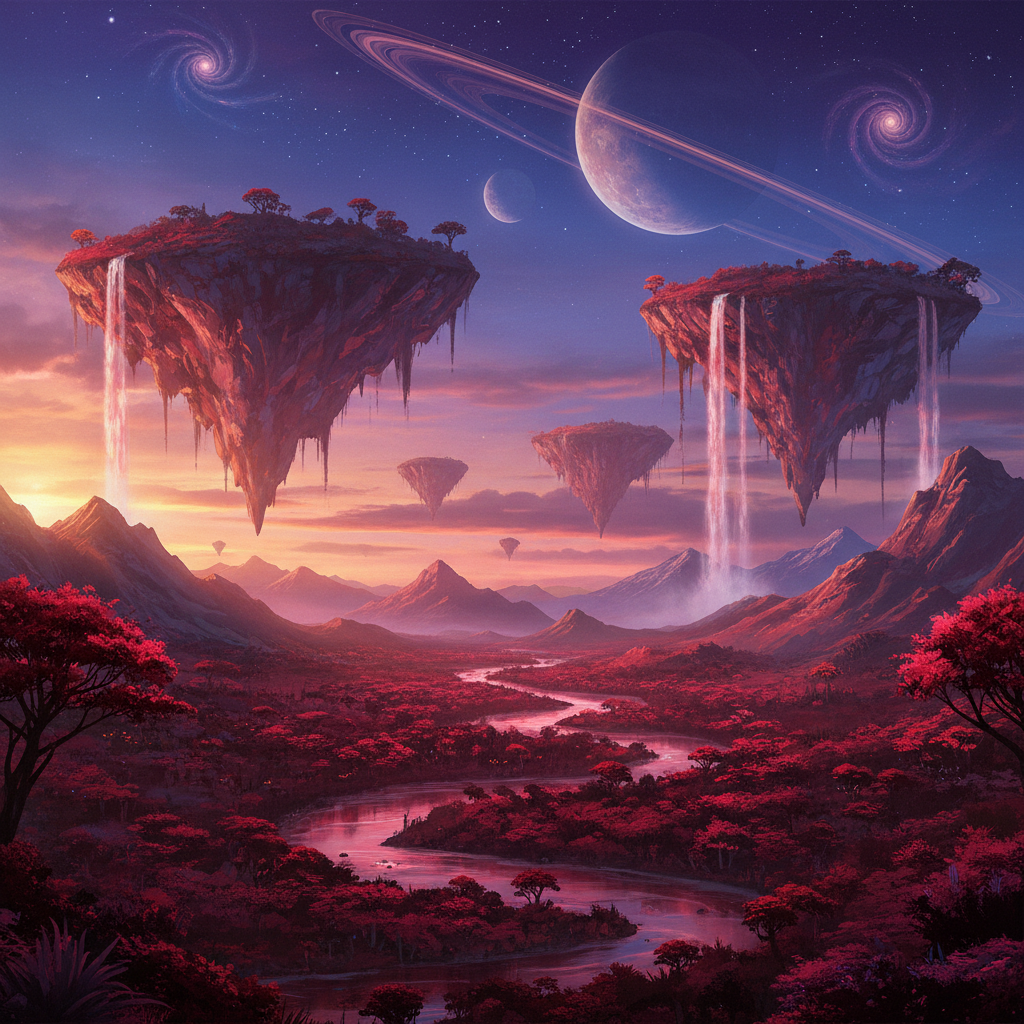 A majestic landscape of a fantasy planet featuring floating mountains and glowing red flora at dusk, cinematic wide shot, rich artistic textures, vibrant colors, no text