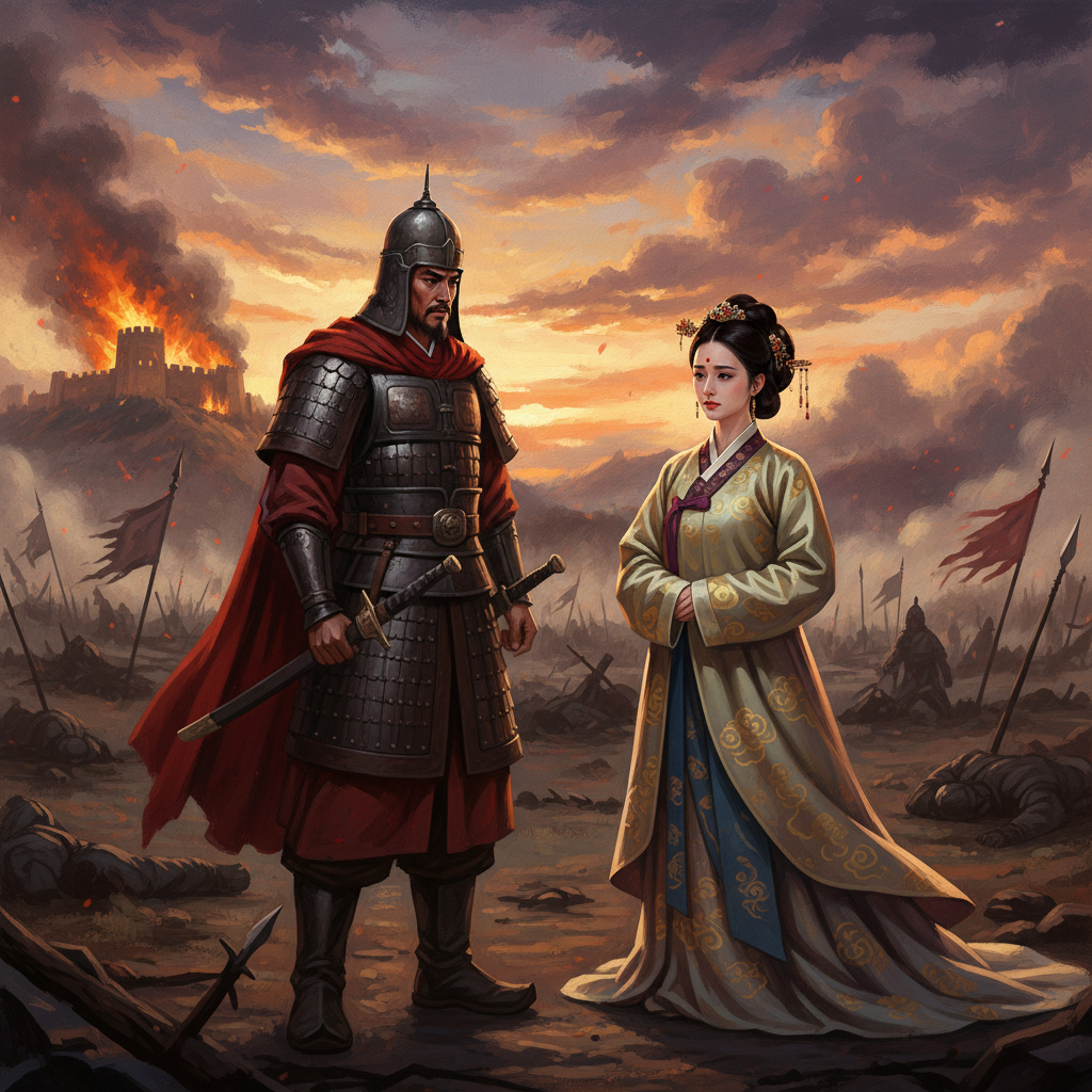 Illustration, artistic rendering, textured background, depicting a powerful general (Korean appearance, in ancient Chinese armor) looking at a beautiful woman (Korean appearance, in elegant traditional Chinese dress) with deep sadness, set in a dramatic historical battlefield context at dusk, rich colored background, no text.