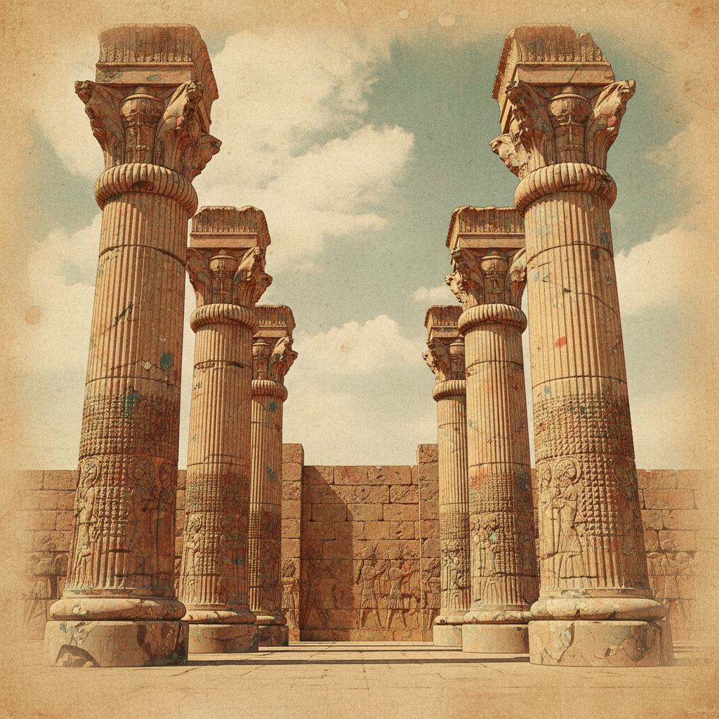An artistic illustration of the grand columns of the Apadana Palace in Persepolis, detailed carvings on the stone, showcasing the ancient Persian architectural marvels, textured background, no text